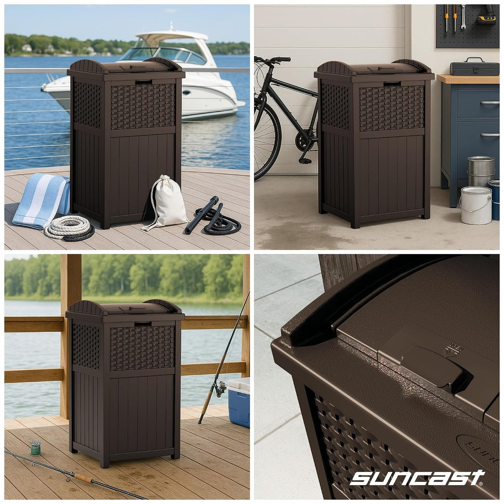 Suncast 33 Gallon Commercial Outdoor Trashcan Hideaway with Lid for 30 to 33 Gallon Trash Bags for Garage, Backyard, or Garden, Brown