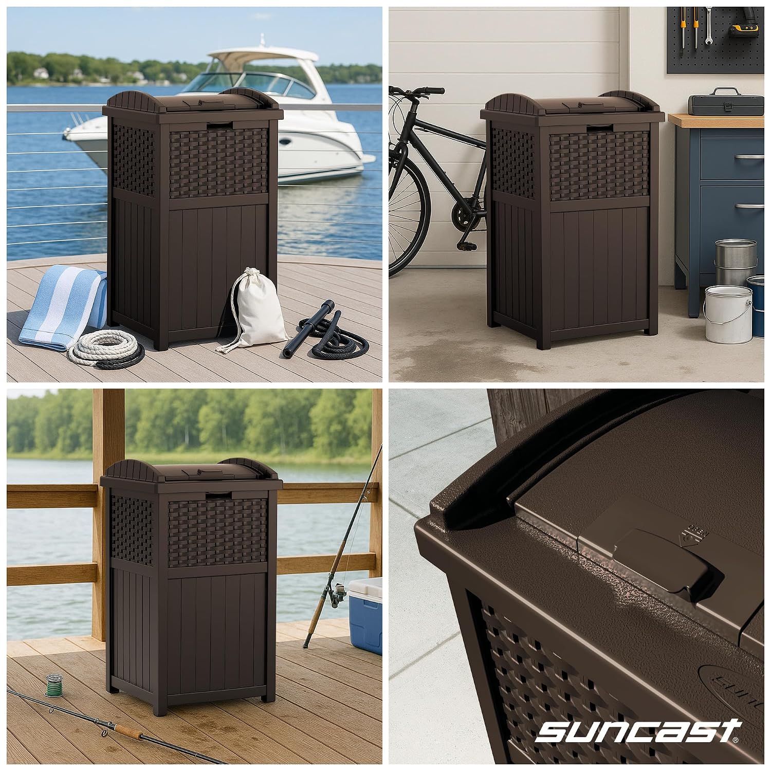 Suncast 33 Gallon Commercial Outdoor Trashcan Hideaway with Lid for 30 to 33 Gallon Trash Bags for Garage, Backyard, or Garden, Brown