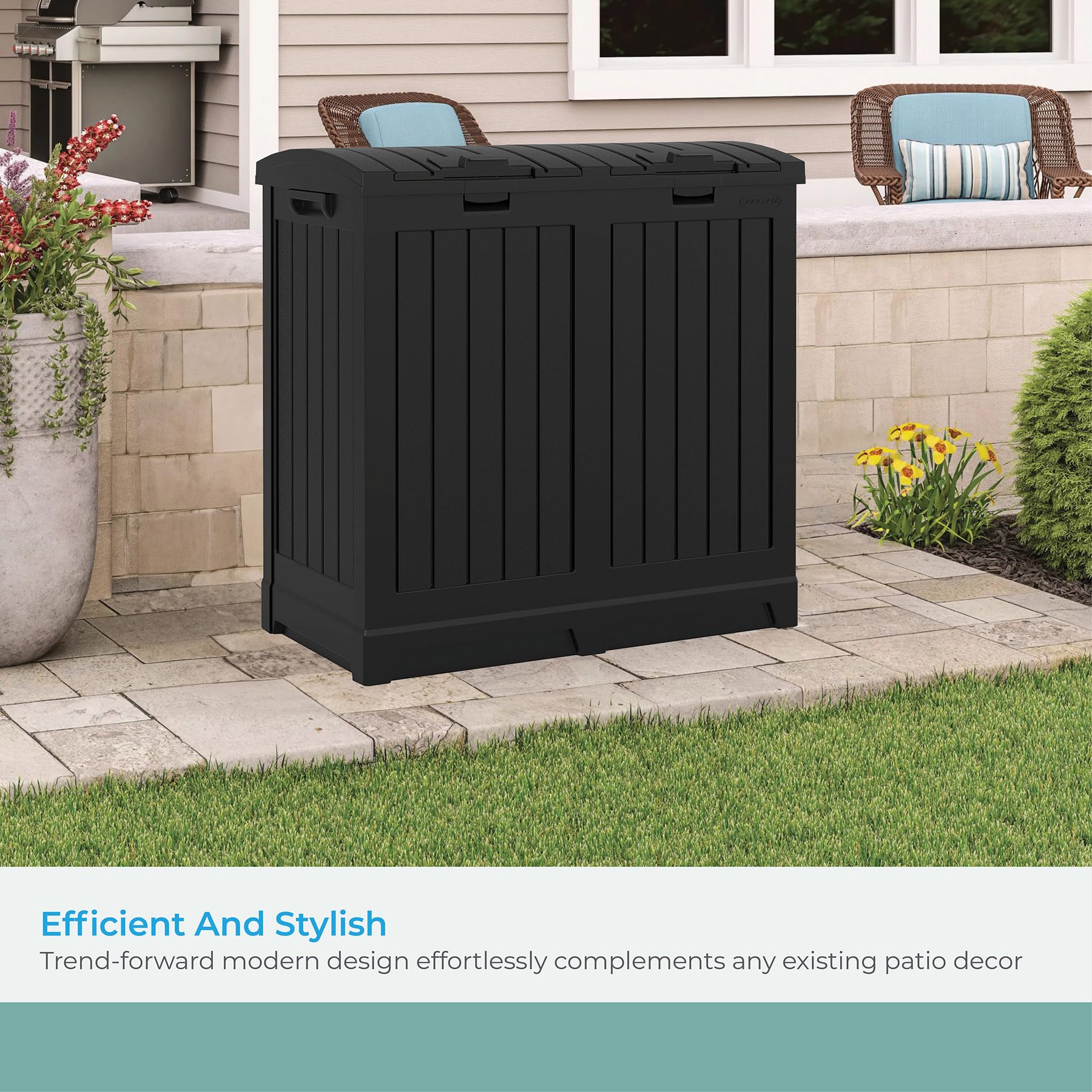Suncast 33 Gallon Commercial Outdoor Trashcan Hideaway with Lid for 30 to 33 Gallon Trash Bags for Garage, Backyard, or Garden, Brown