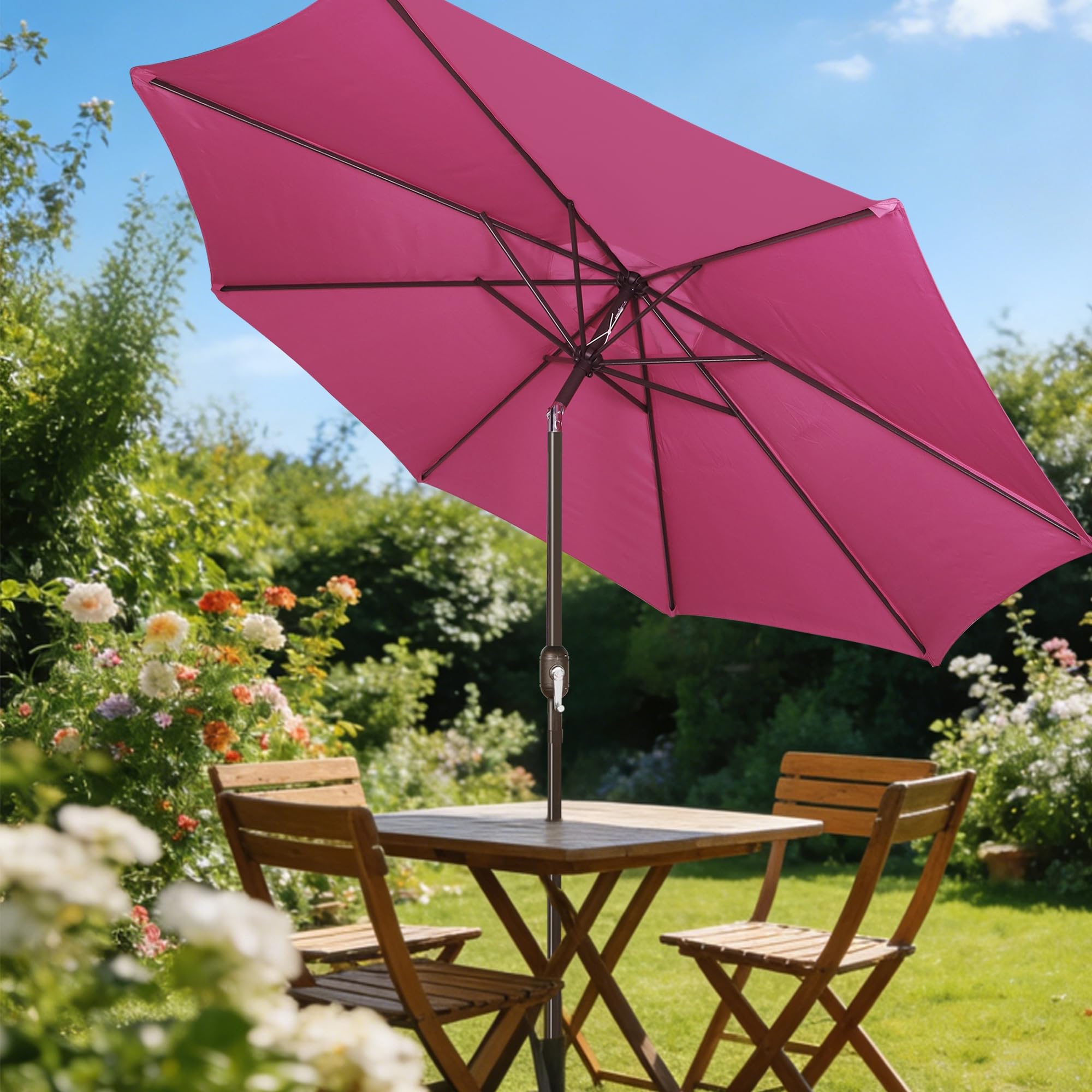 Blissun 9' Outdoor Patio Umbrella, Outdoor Table Umbrella, Yard Umbrella, Market Umbrella with 8 Sturdy Ribs, Push Button Tilt and Crank