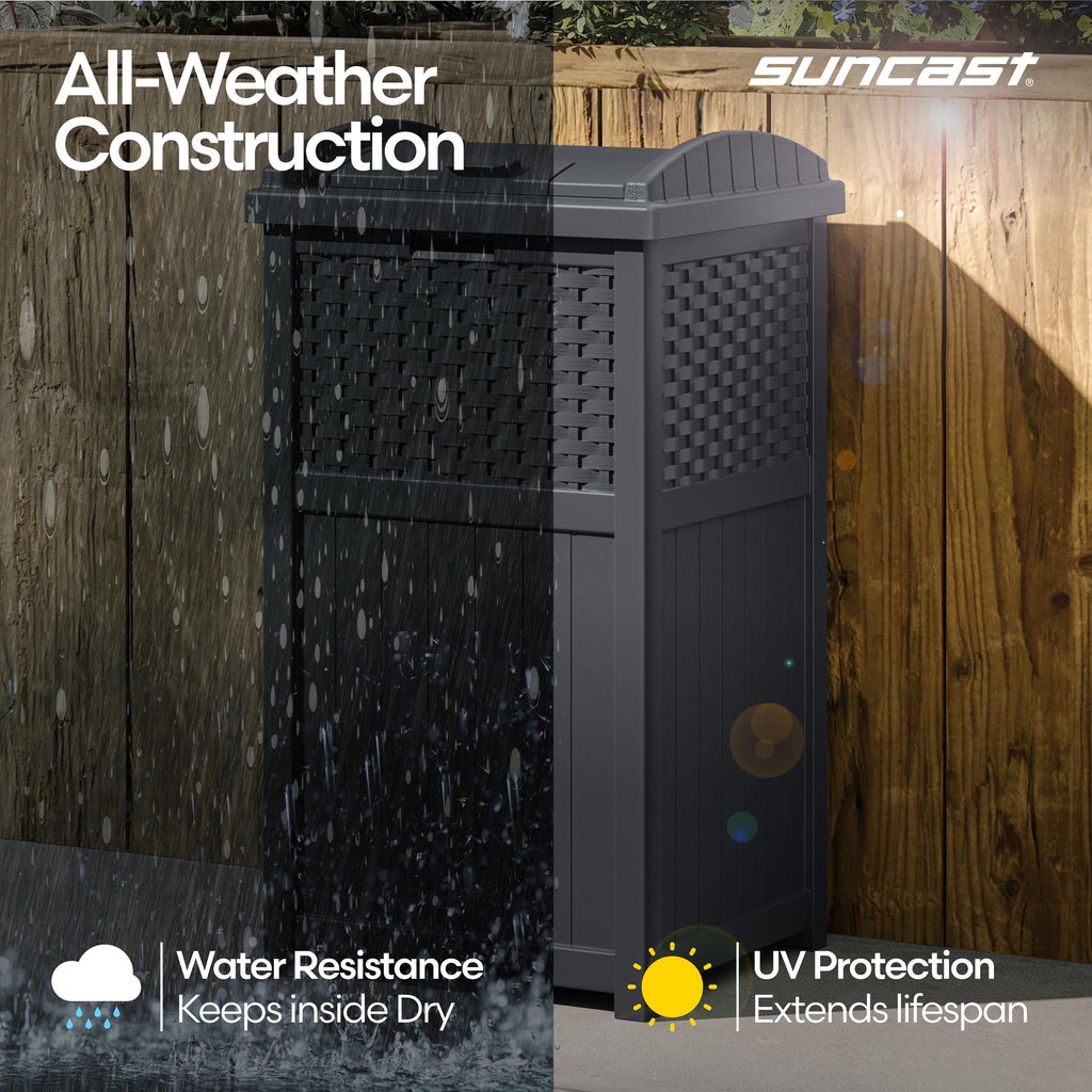 Suncast 33 Gallon Commercial Outdoor Trashcan Hideaway with Lid for 30 to 33 Gallon Trash Bags for Garage, Backyard, or Garden, Brown