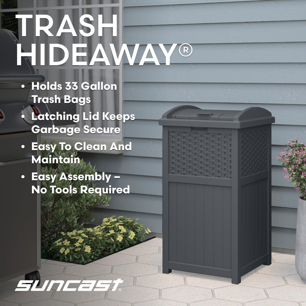 Suncast 33 Gallon Commercial Outdoor Trashcan Hideaway with Lid for 30 to 33 Gallon Trash Bags for Garage, Backyard, or Garden, Brown
