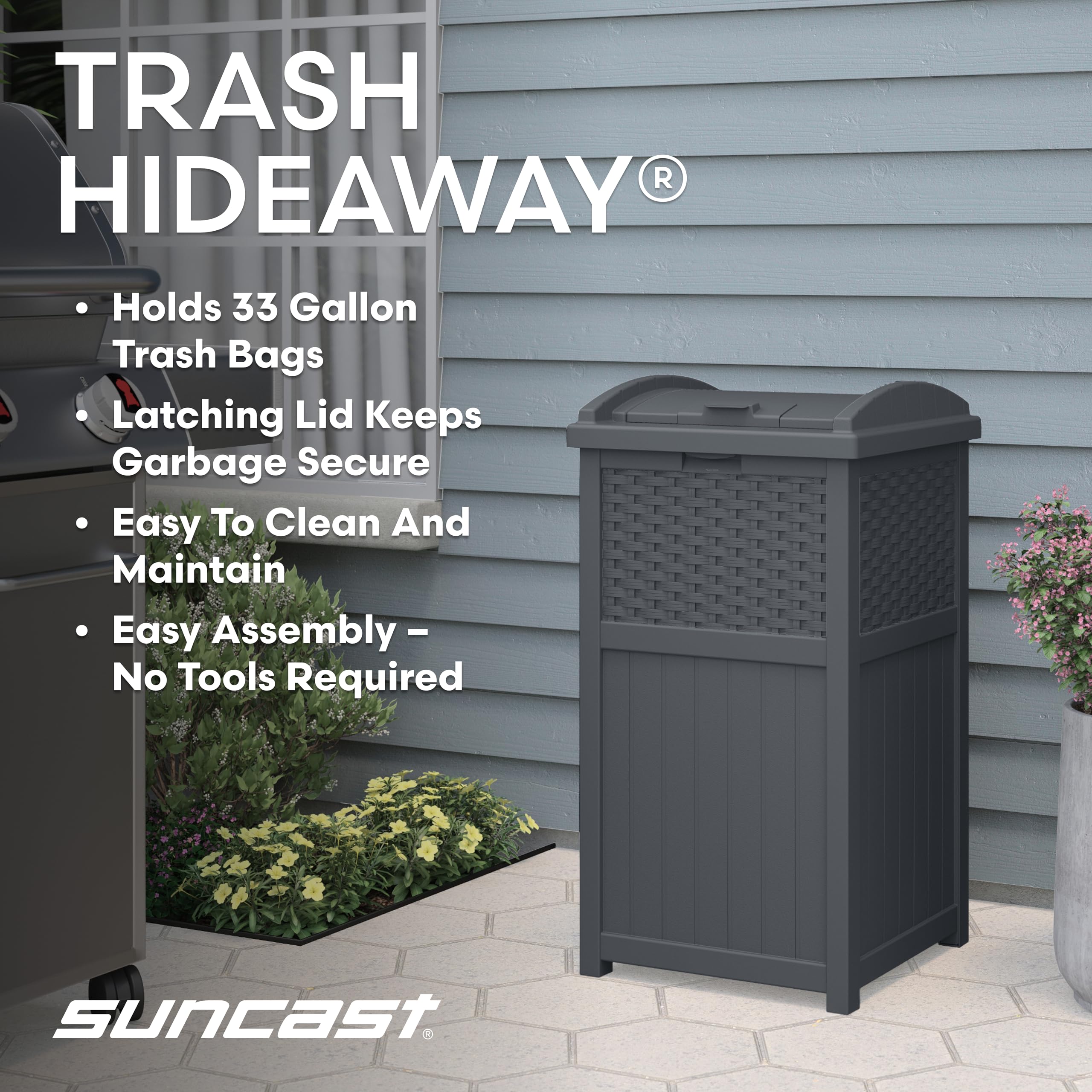 Suncast 33 Gallon Commercial Outdoor Trashcan Hideaway with Lid for 30 to 33 Gallon Trash Bags for Garage, Backyard, or Garden, Brown