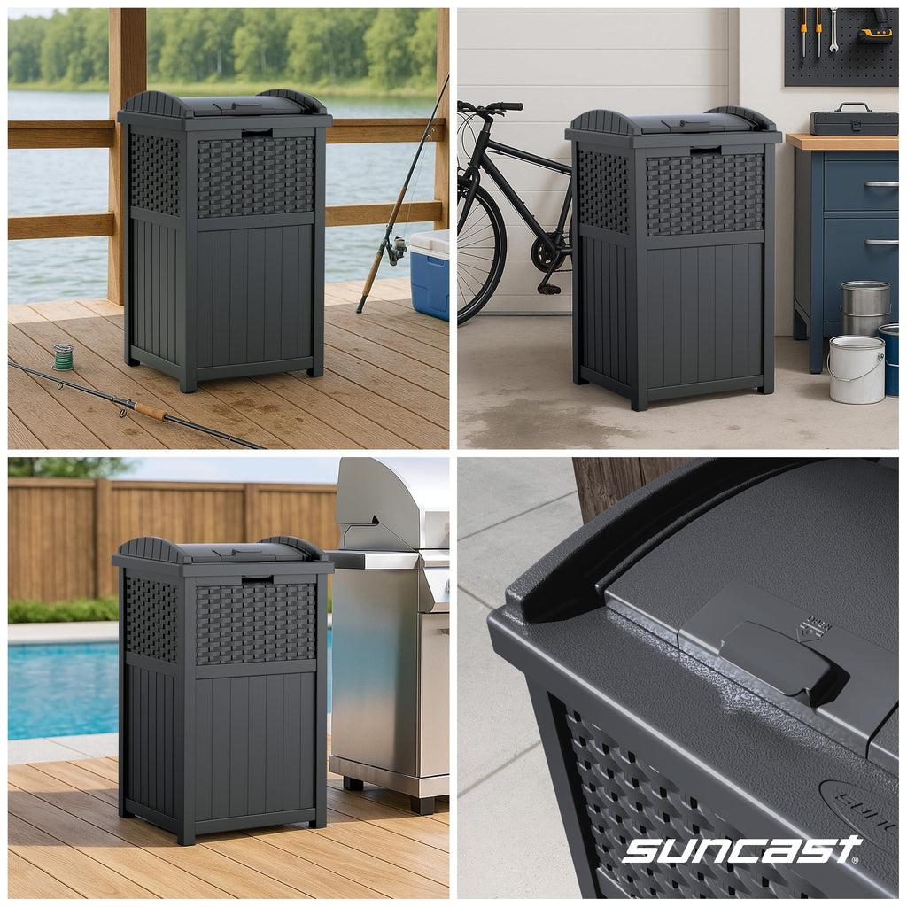 Suncast 33 Gallon Commercial Outdoor Trashcan Hideaway with Lid for 30 to 33 Gallon Trash Bags for Garage, Backyard, or Garden, Brown