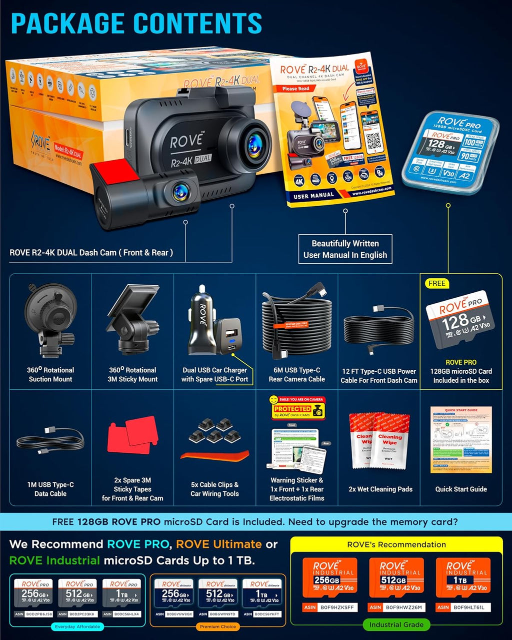 Rove R2 4K Dual Dash Cam Front Rear Starvis 2 128GB Card