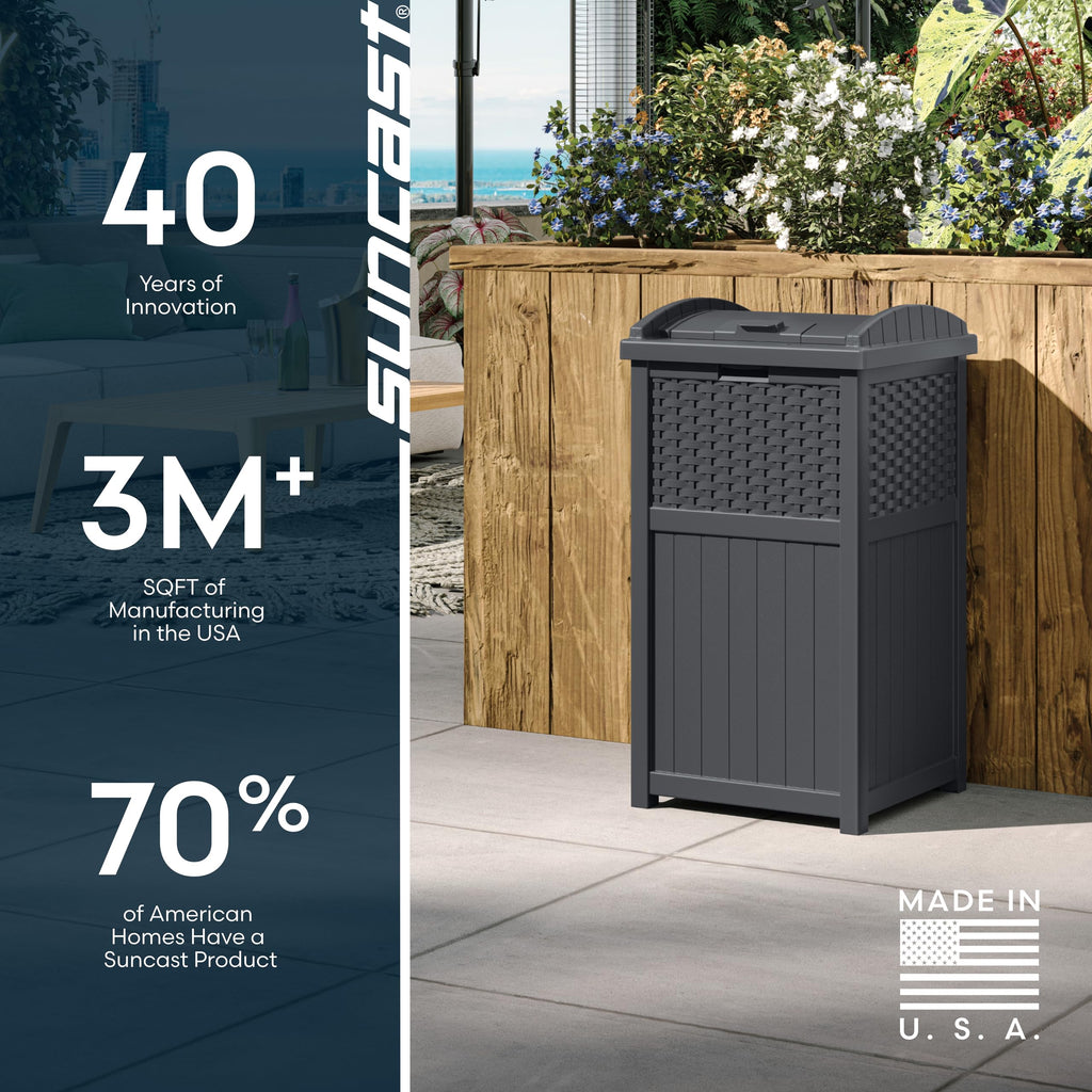 Suncast 33 Gallon Commercial Outdoor Trashcan Hideaway with Lid for 30 to 33 Gallon Trash Bags for Garage, Backyard, or Garden, Brown