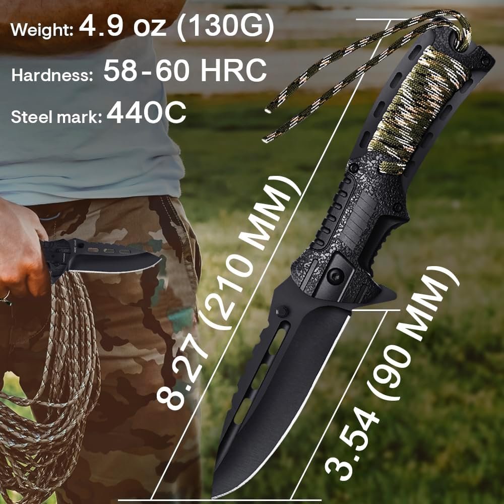 Tactical Folding Knife with Paracord, Whistle & Fire starter