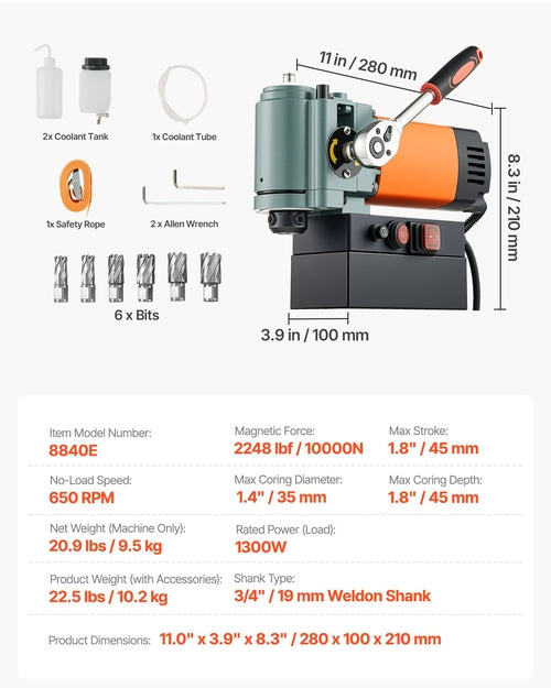 Low Profile Magnetic Drill Press, 1300 W, 35 mm Boring Diameter,